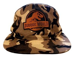 Jurassic World Camo Snapback Hat Brown Tan Camouflage T-Rex Logo Flat Brim Cap